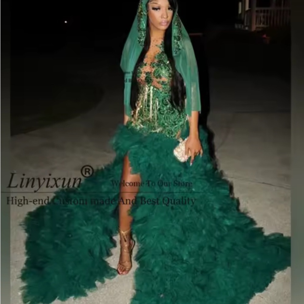 Elegant Green Feathered Gown